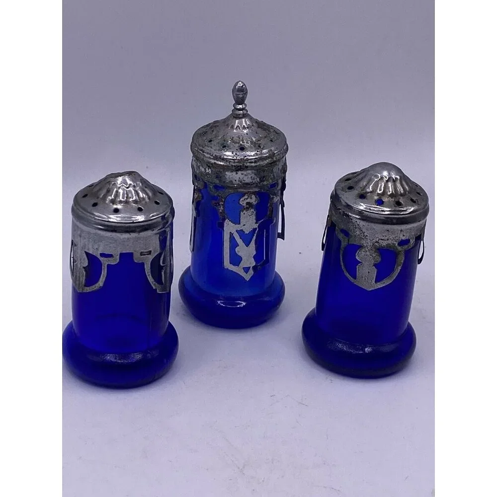 Vintage Cobalt Blue Glass‎ Salt & Pepper Shakers With Metal Lids Japan